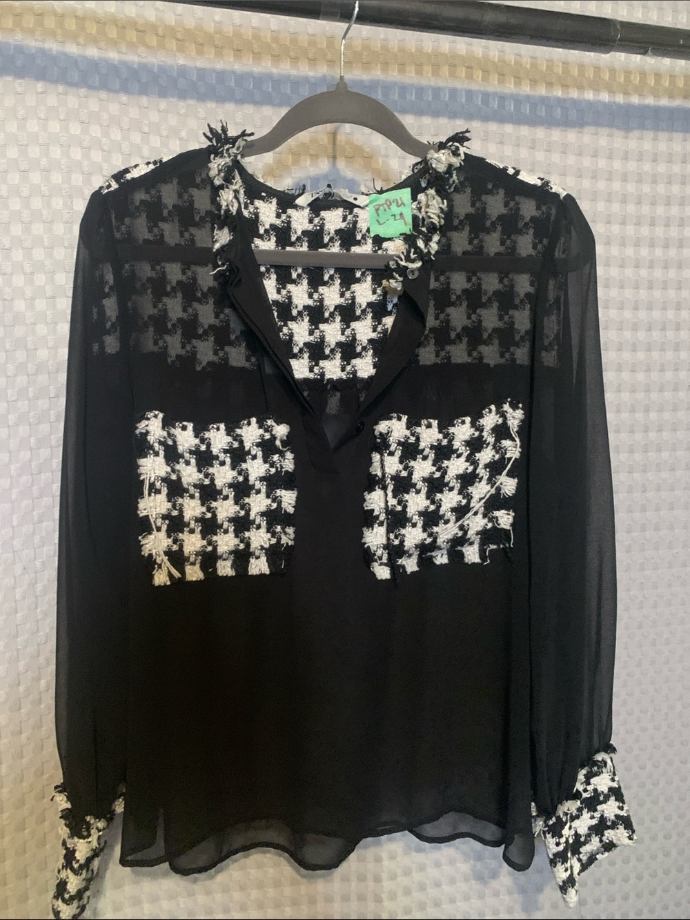 🍄Zara Black Sheer Blouse with Black-and-White Houndstooth Trim